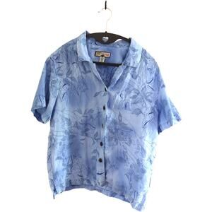 Caribbean Joe Linen Hawaiian Blue Button Front Shirt Top Womens M Tropical Beach